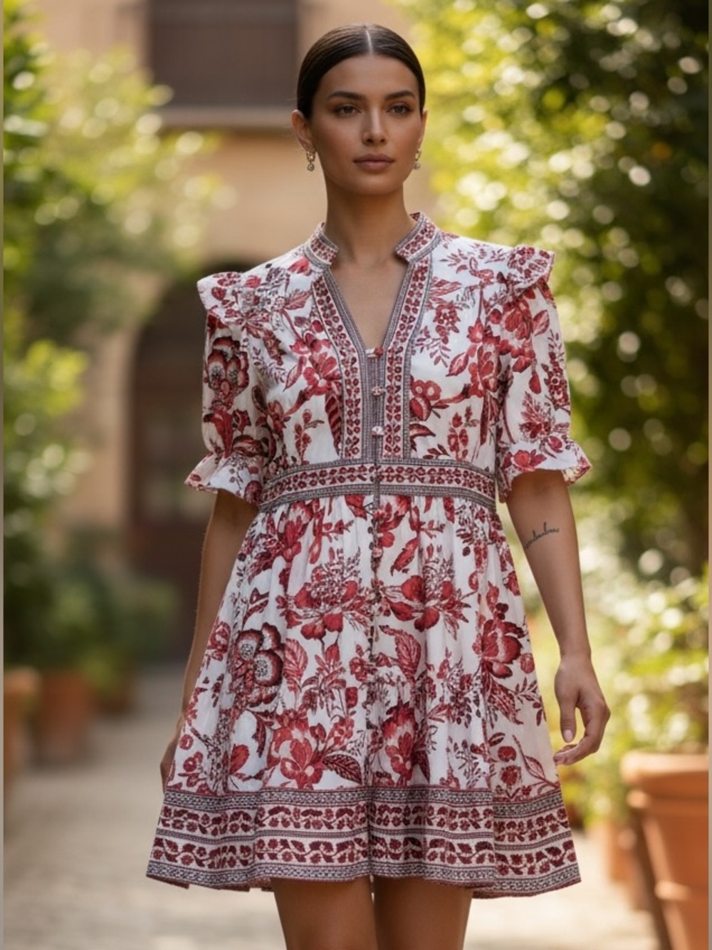 NWT White & Red Floral Mini Dress with Embroidered Trim